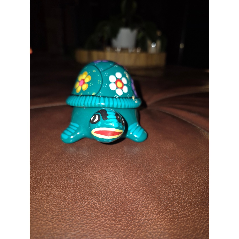 Hand Painted Turtle Trinket Box Mexican Folk Art Style Floral Terracotta gift - Picture 2 of 9